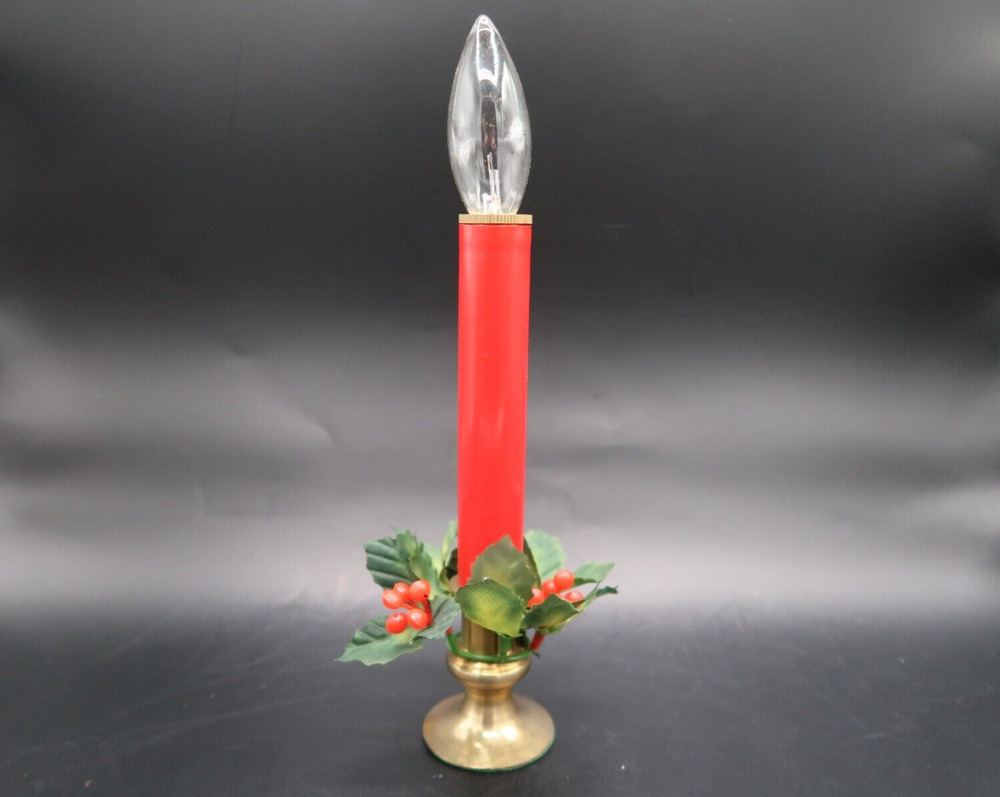 Battery Operated Electric Candle Red Solid Brass Base Holiday Christmas Vintage